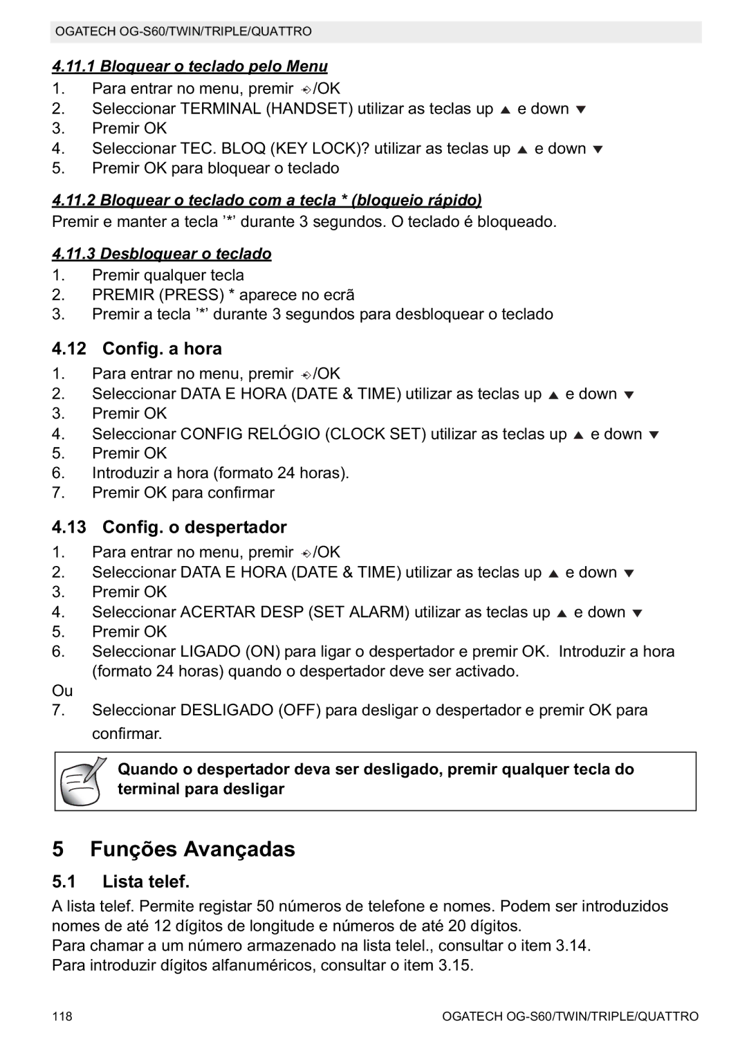 Topcom OGATECH OG-S60 manual do utilizador Funções Avançadas, Config. a hora, Config. o despertador, Lista telef 