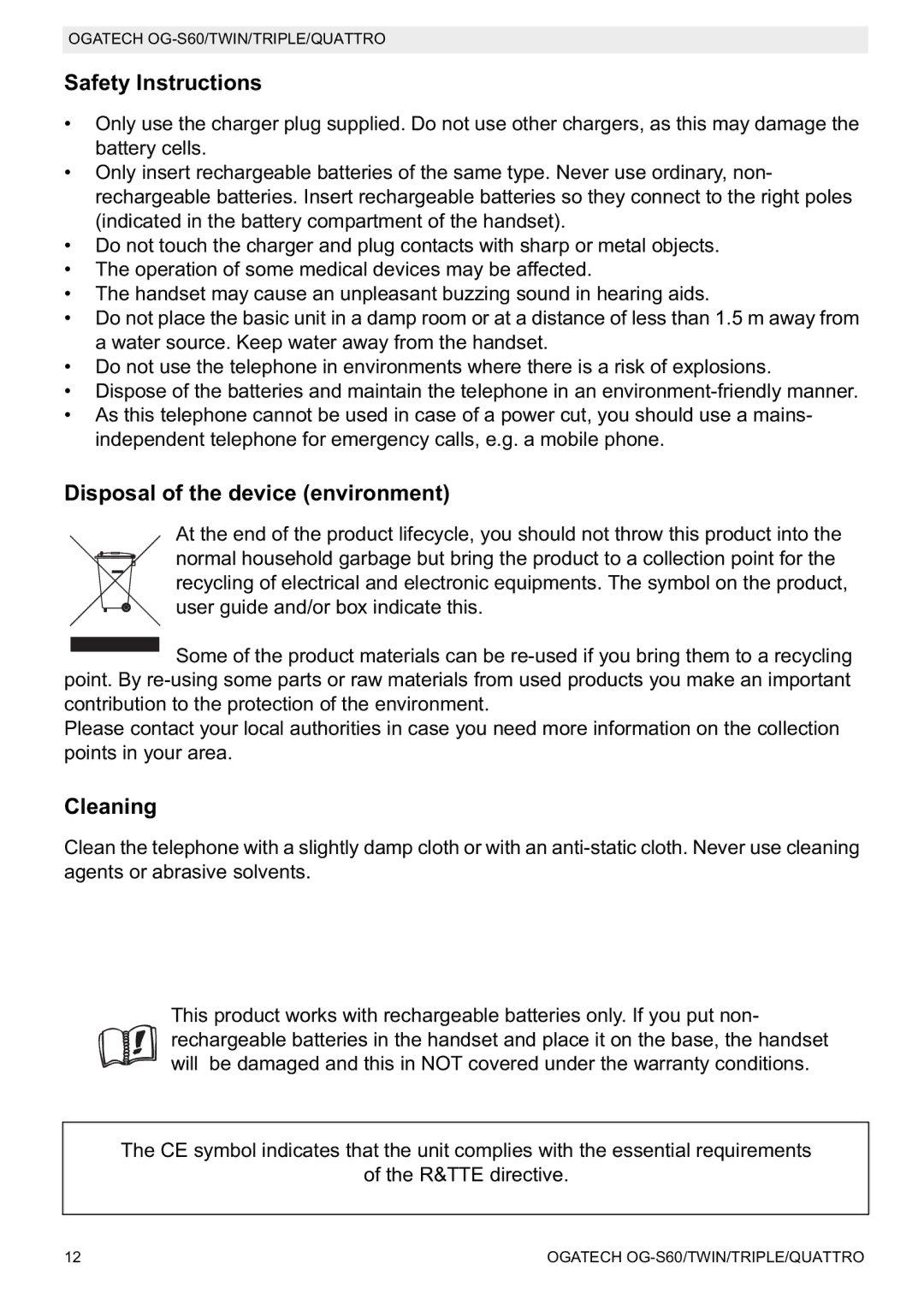 Topcom OGATECH OG-S60 manual do utilizador Safety Instructions, Disposal of the device environment, Cleaning 