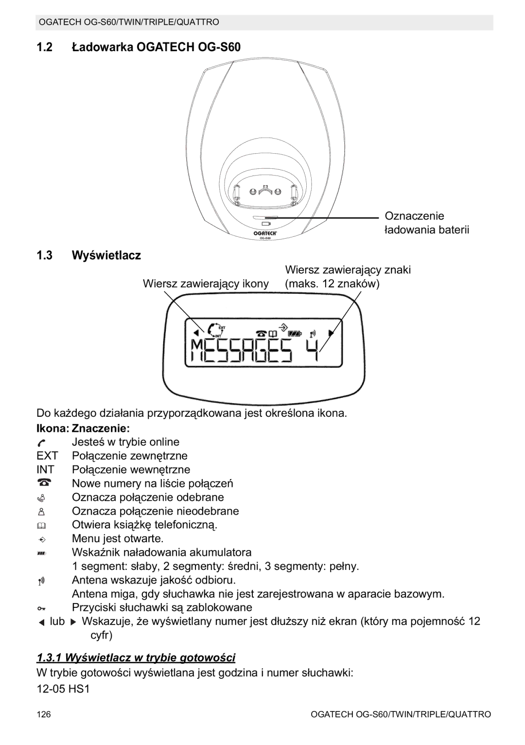 Topcom OGATECH OG-S60 manual do utilizador Tech OG-S60, Ikona Znaczenie, Wy Trybie gotowo 