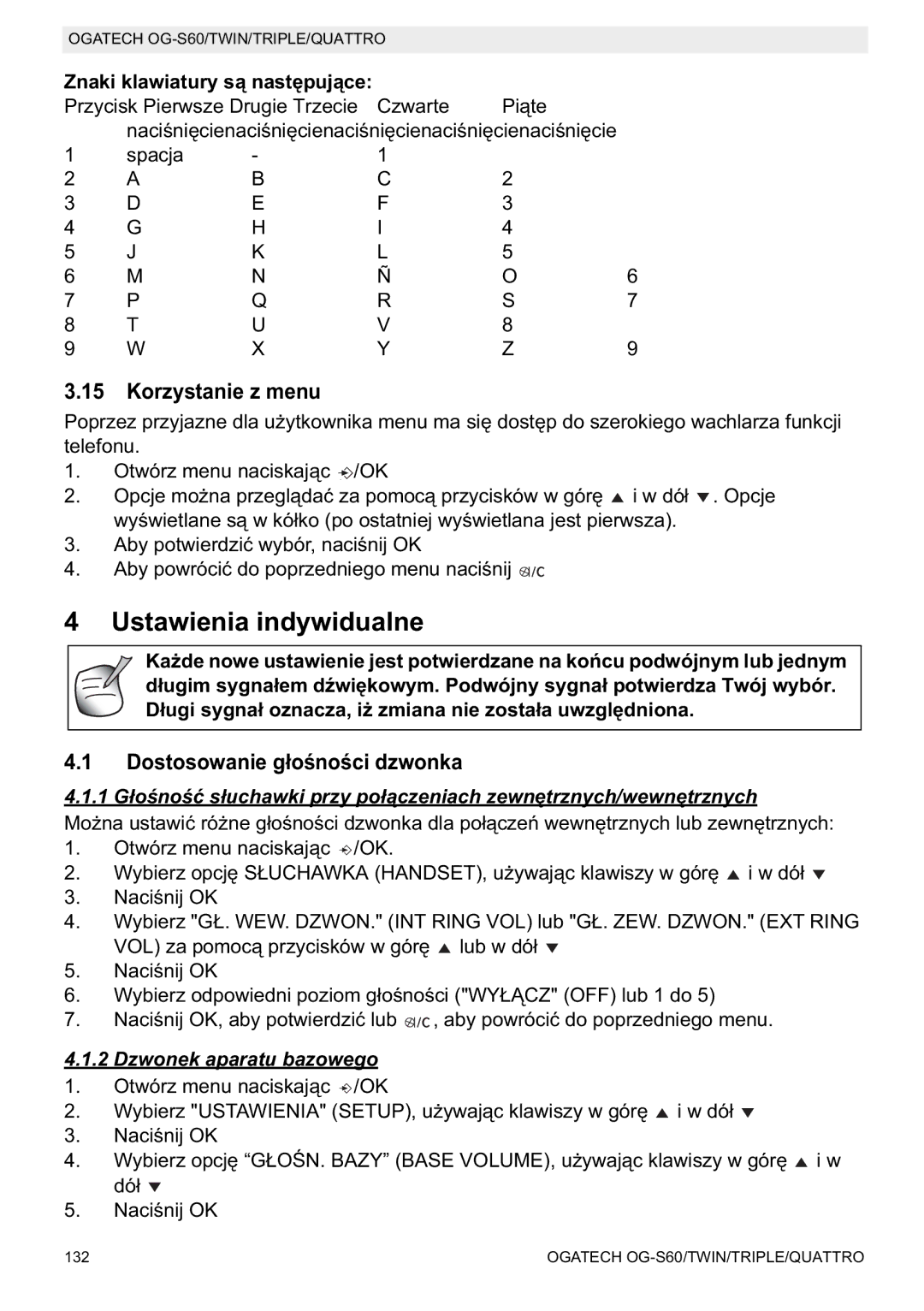 Topcom OGATECH OG-S60 Ustawienia indywidualne, Korzystanie z menu, Dostosowanie g, Znaki klawiatury s nast 