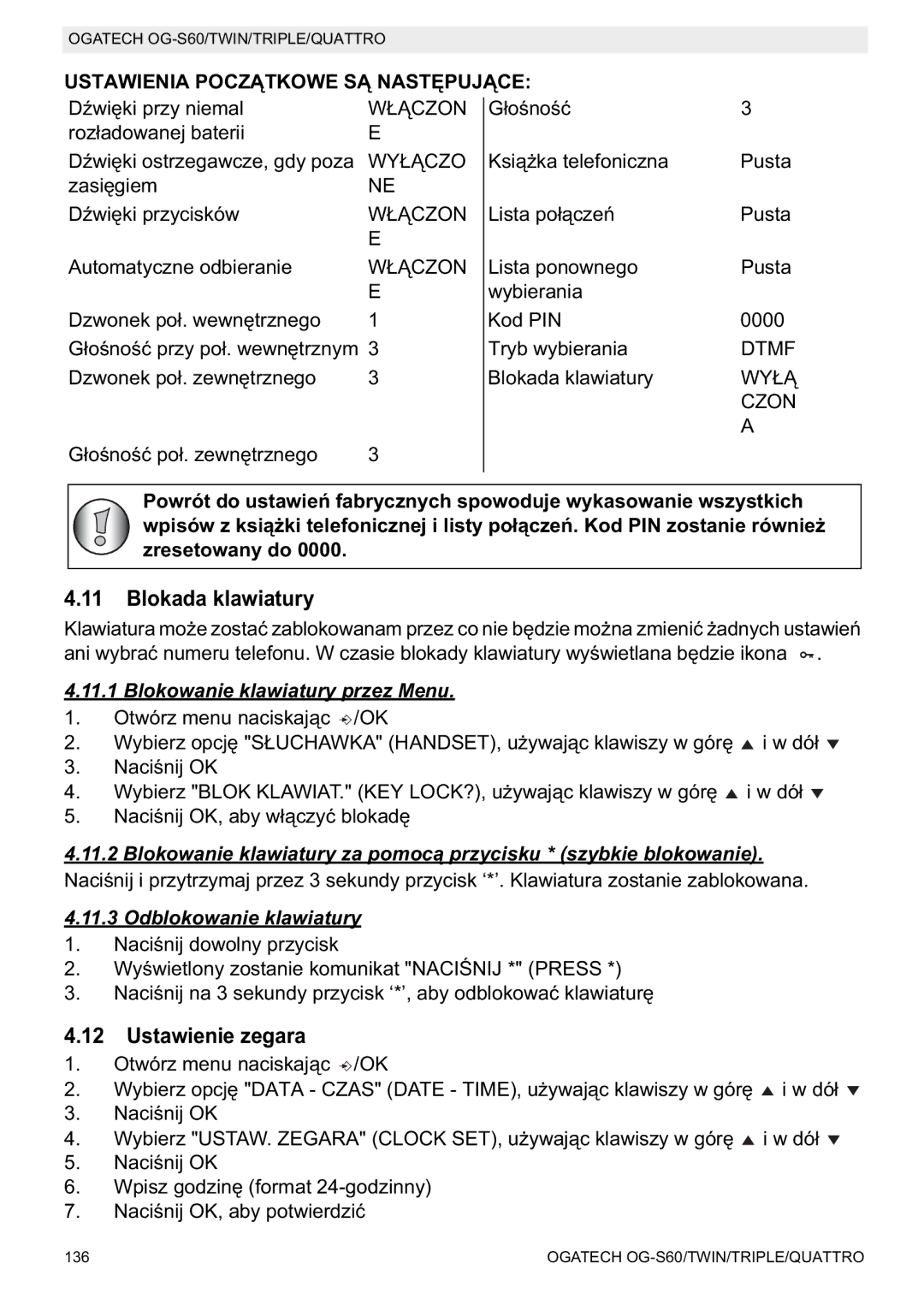 Topcom OGATECH OG-S60 manual do utilizador Blokada klawiatury, Ustawienie zegara, Blokowanie klawiatury przez Menu 