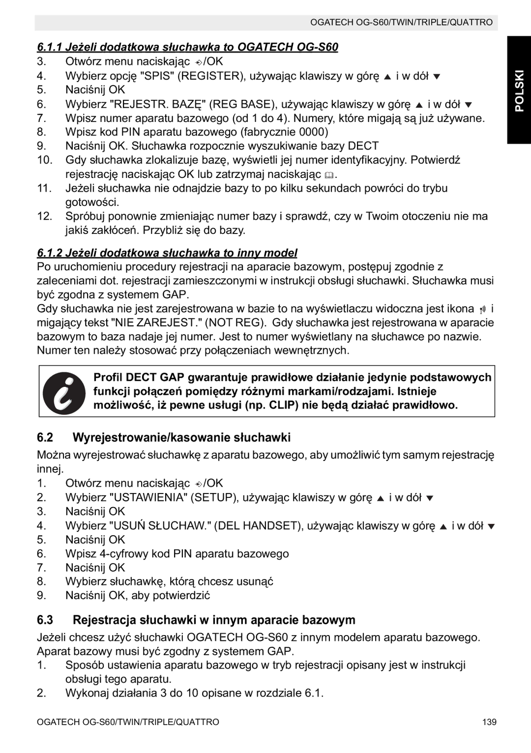 Topcom OGATECH OG-S60 Wyrejestrowanie/kasowanie s, Rejestracja sw innym aparacie bazowym, Jeeli doda tkowa sTECH OG-S60 