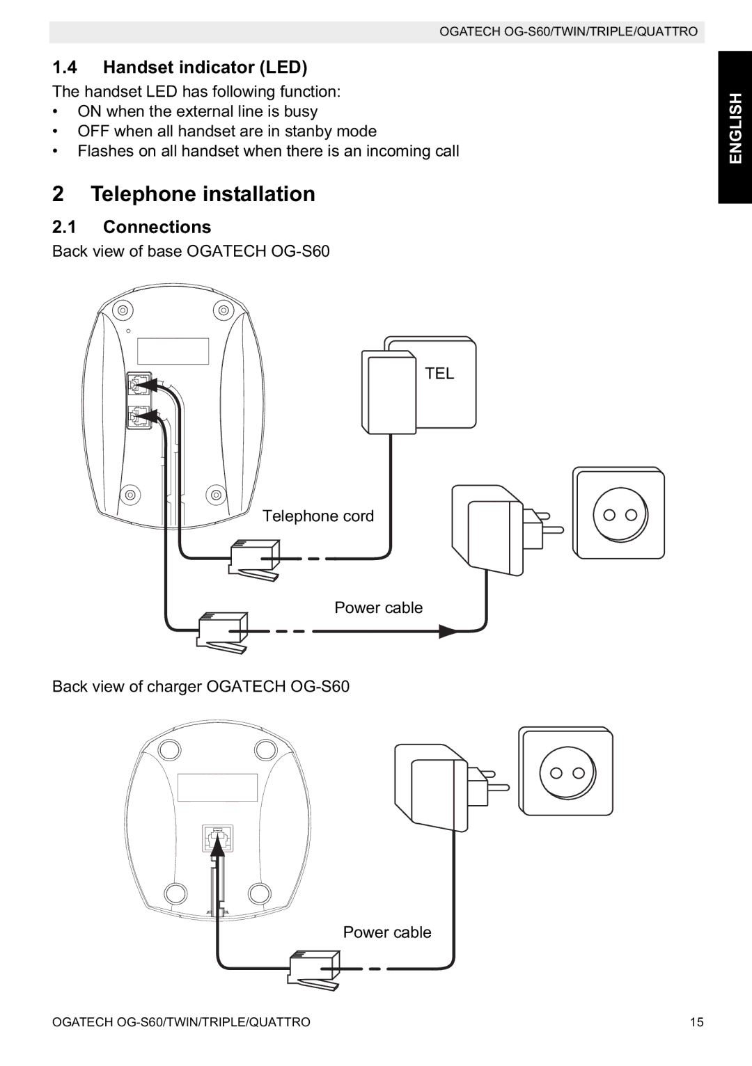 Topcom OGATECH OG-S60 manual do utilizador Telephone installation, Handset indicator LED, Connections 