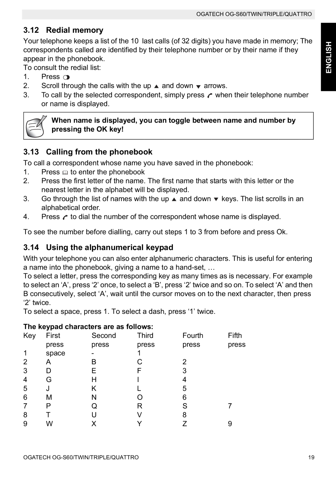 Topcom OGATECH OG-S60 manual do utilizador Redial memory, Calling from the phonebook, Using the alphanumerical keypad 
