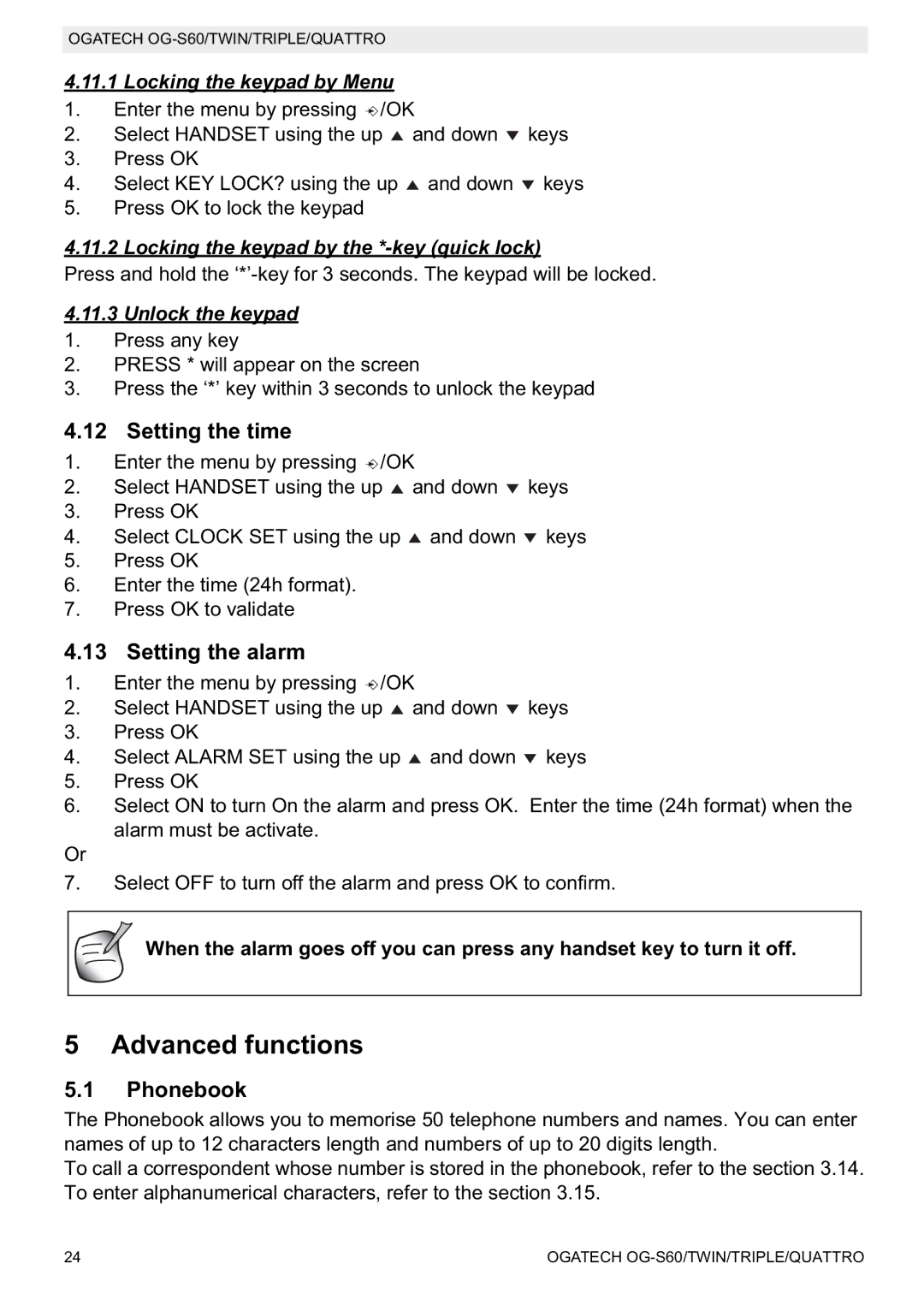 Topcom OGATECH OG-S60 manual do utilizador Advanced functions, Setting the time, Setting the alarm, Phonebook 
