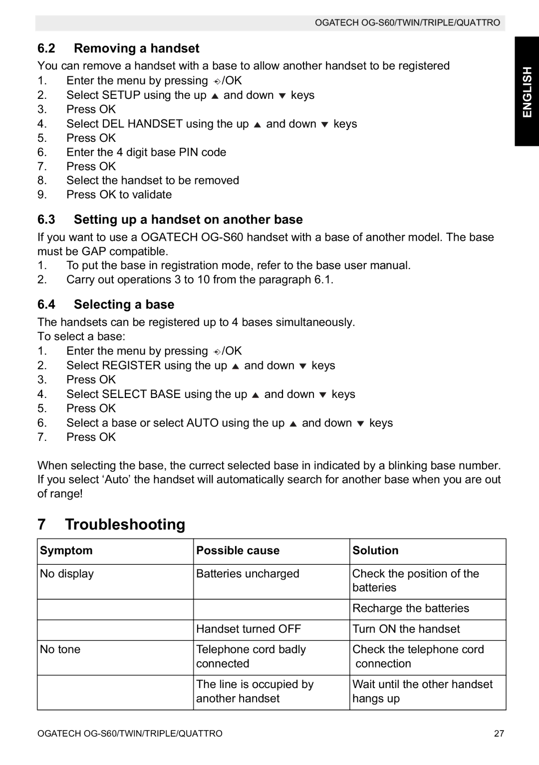 Topcom OGATECH OG-S60 Troubleshooting, Removing a handset, Setting up a handset on another base, Selecting a base 