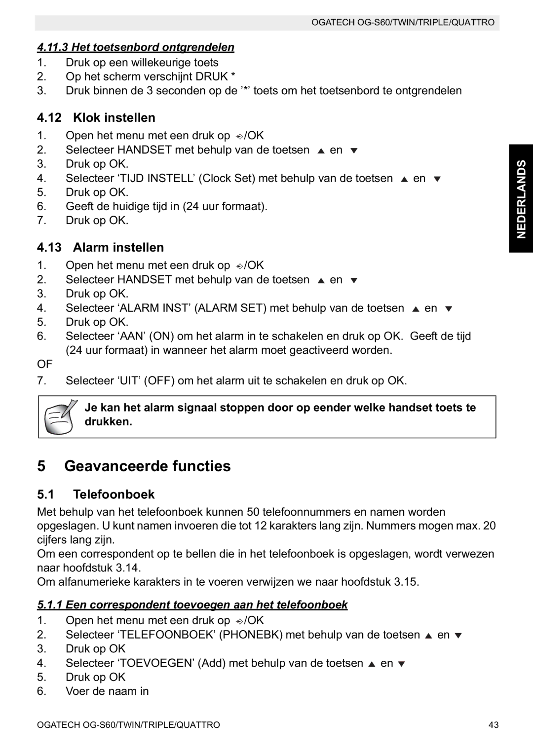 Topcom OGATECH OG-S60 manual do utilizador Geavanceerde functies, Klok instellen, Alarm instellen, Telefoonboek 