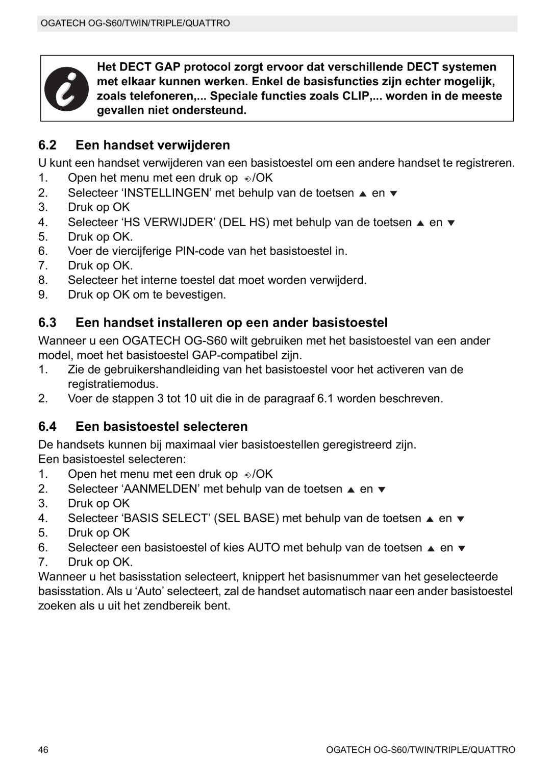 Topcom OGATECH OG-S60 manual do utilizador Een handset verwijderen, Een handset installeren op een ander basistoestel 