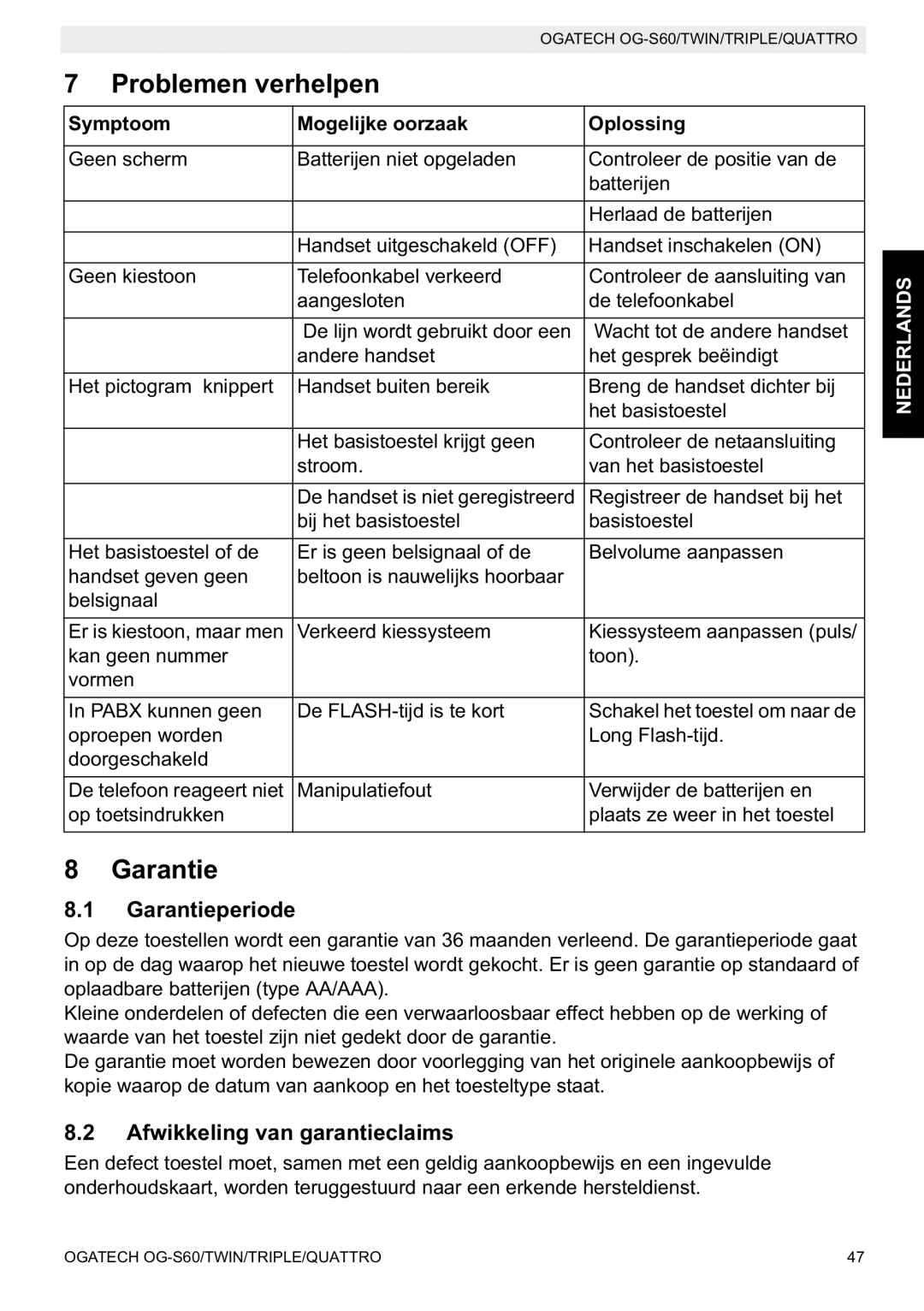 Topcom OGATECH OG-S60 manual do utilizador Problemen verhelpen, Garantieperiode, Afwikkeling van garantieclaims 