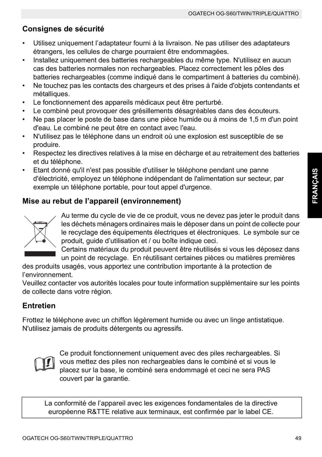 Topcom OGATECH OG-S60 manual do utilizador Consignes de sécurité, Mise au rebut de l’appareil environnement, Entretien 