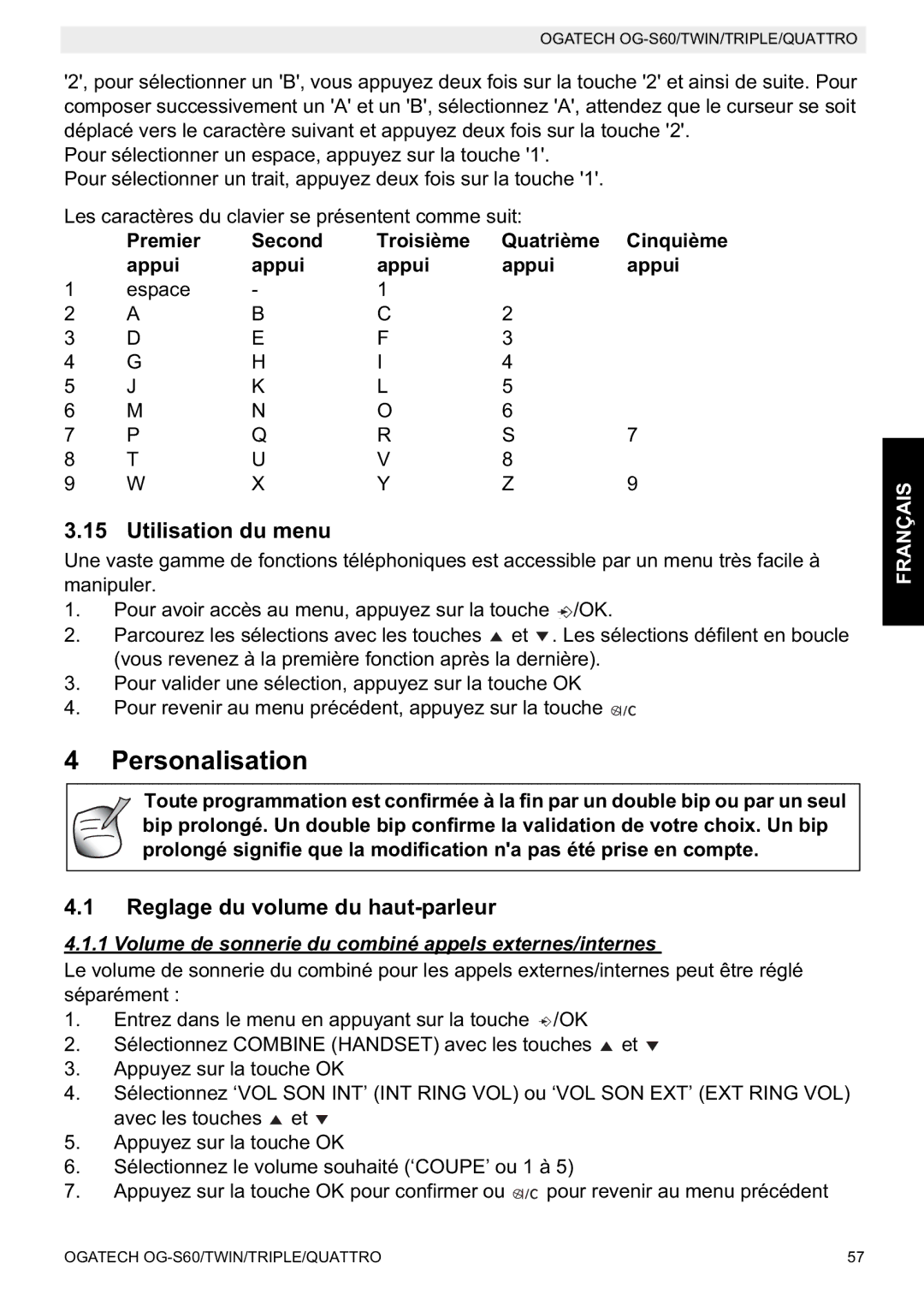 Topcom OGATECH OG-S60 manual do utilizador Utilisation du menu, Reglage du volume du haut-parleur 