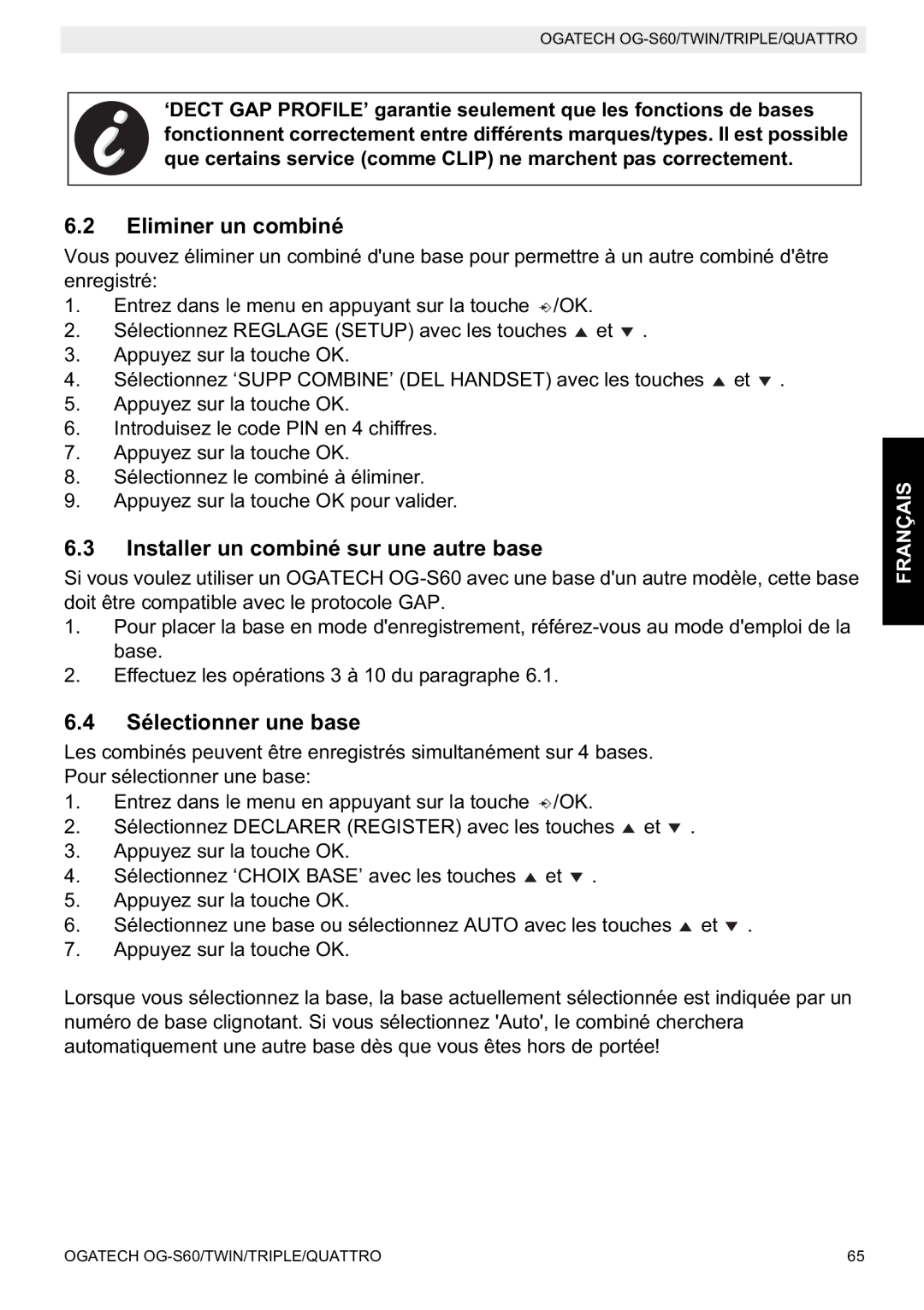 Topcom OGATECH OG-S60 Eliminer un combiné, Installer un combiné sur une autre base, Sélectionner une base 