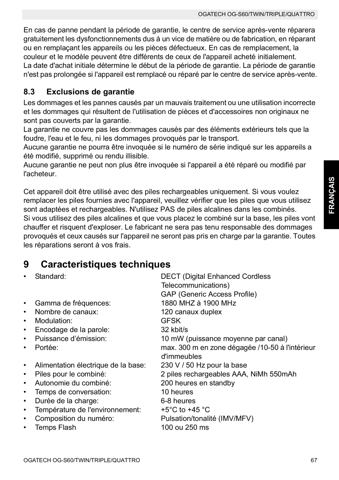 Topcom OGATECH OG-S60 manual do utilizador Caracteristiques techniques, Exclusions de garantie 