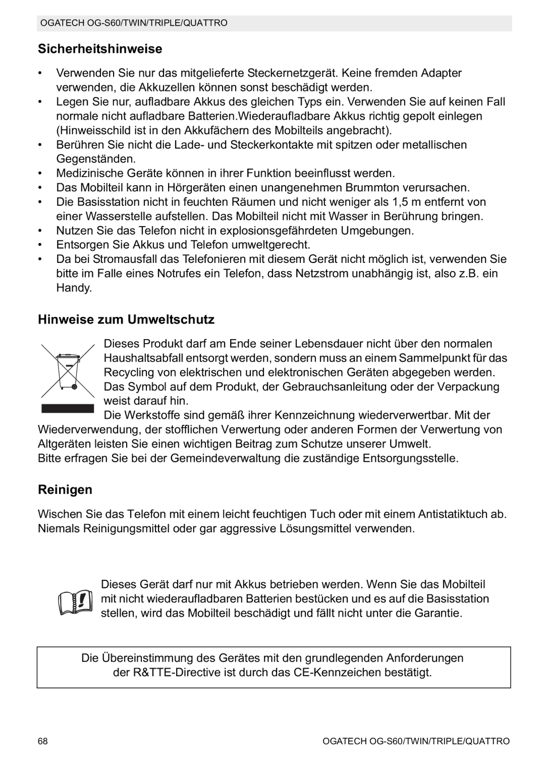 Topcom OGATECH OG-S60 manual do utilizador Sicherheitshinweise, Hinweise zum Umweltschutz 