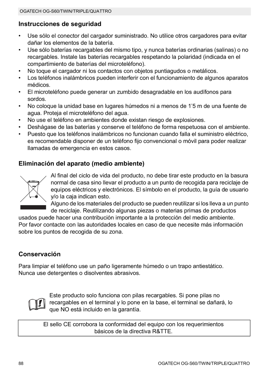 Topcom OGATECH OG-S60 manual do utilizador Instrucciones de seguridad, Eliminación del aparato medio ambiente, Conservación 