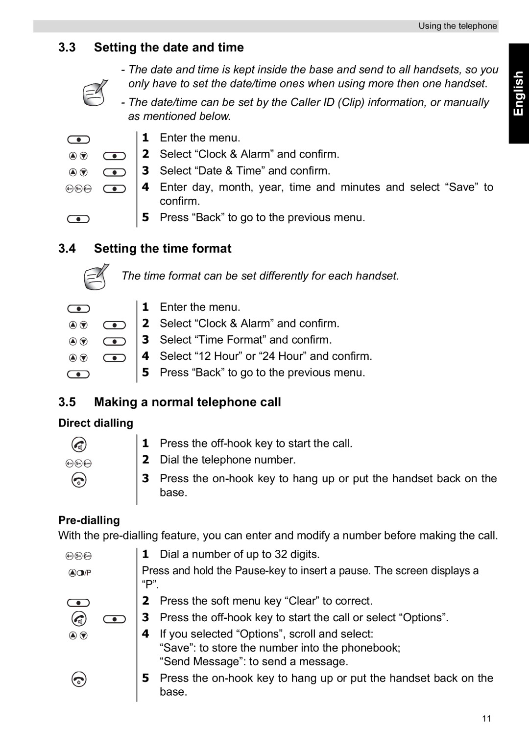 Topcom ORBIT manual Setting the date and time, Setting the time format, Making a normal telephone call, Direct dialling 