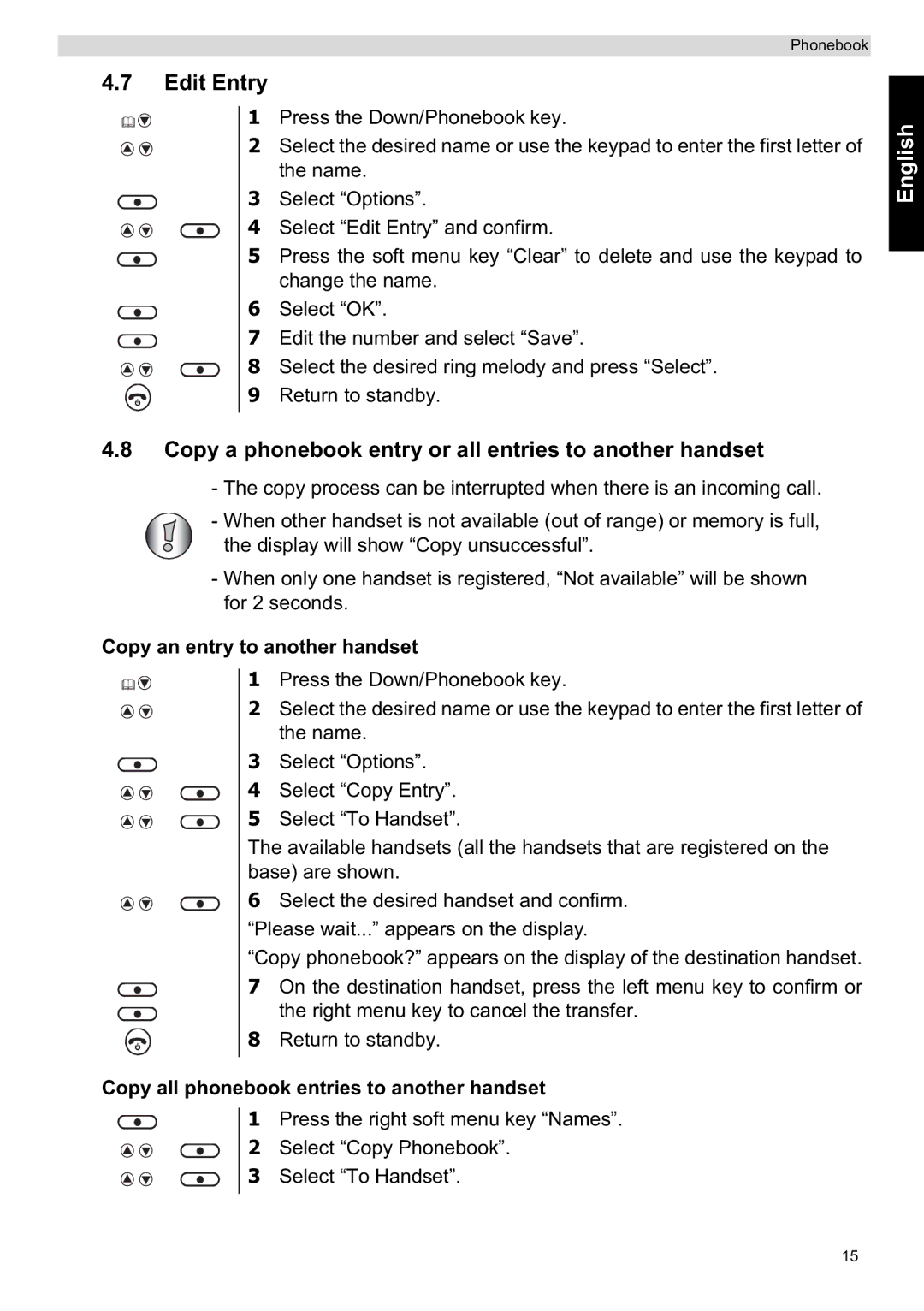 Topcom ORBIT manual Edit Entry, Copy a phonebook entry or all entries to another handset, Copy an entry to another handset 