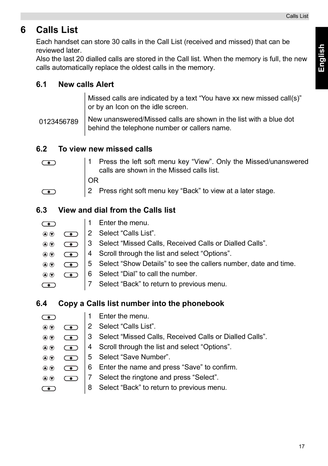 Topcom ORBIT manual Calls List, New calls Alert, To view new missed calls, View and dial from the Calls list 