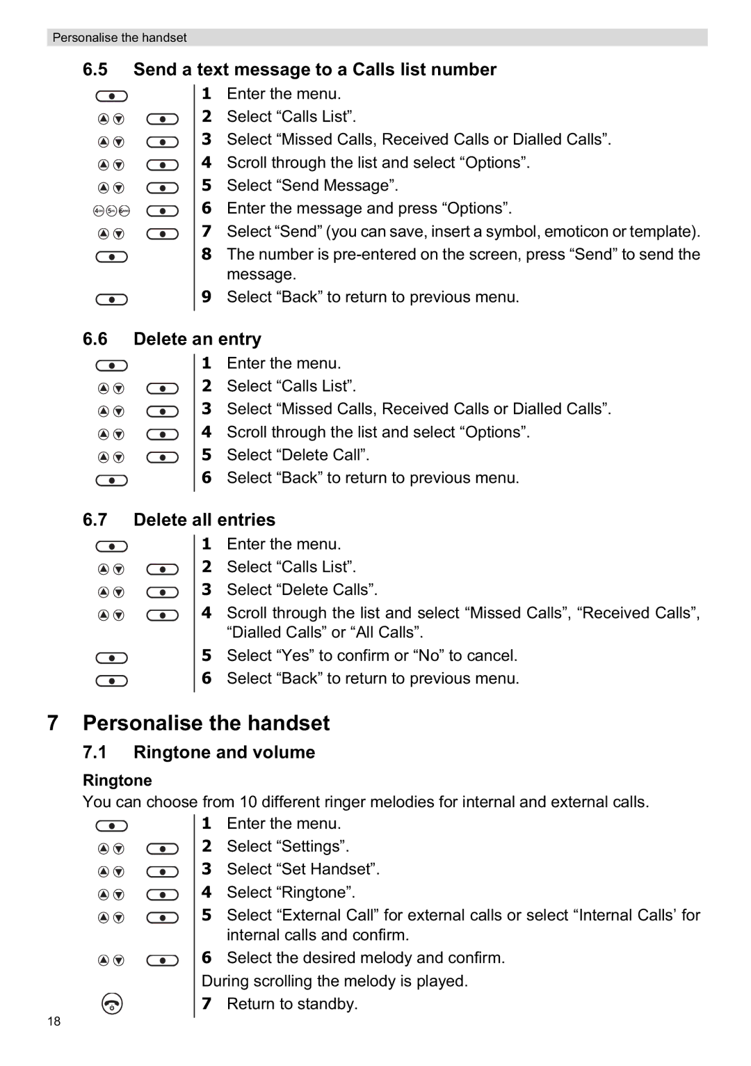 Topcom ORBIT manual Personalise the handset, Send a text message to a Calls list number, Ringtone and volume 