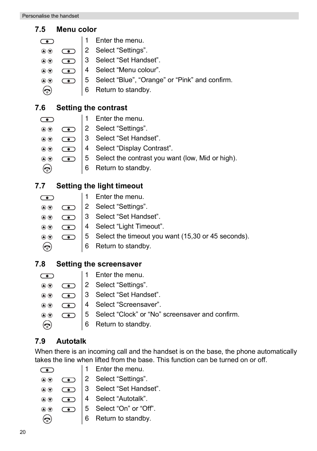 Topcom ORBIT manual Menu color, Setting the contrast, Setting the light timeout, Setting the screensaver, Autotalk 