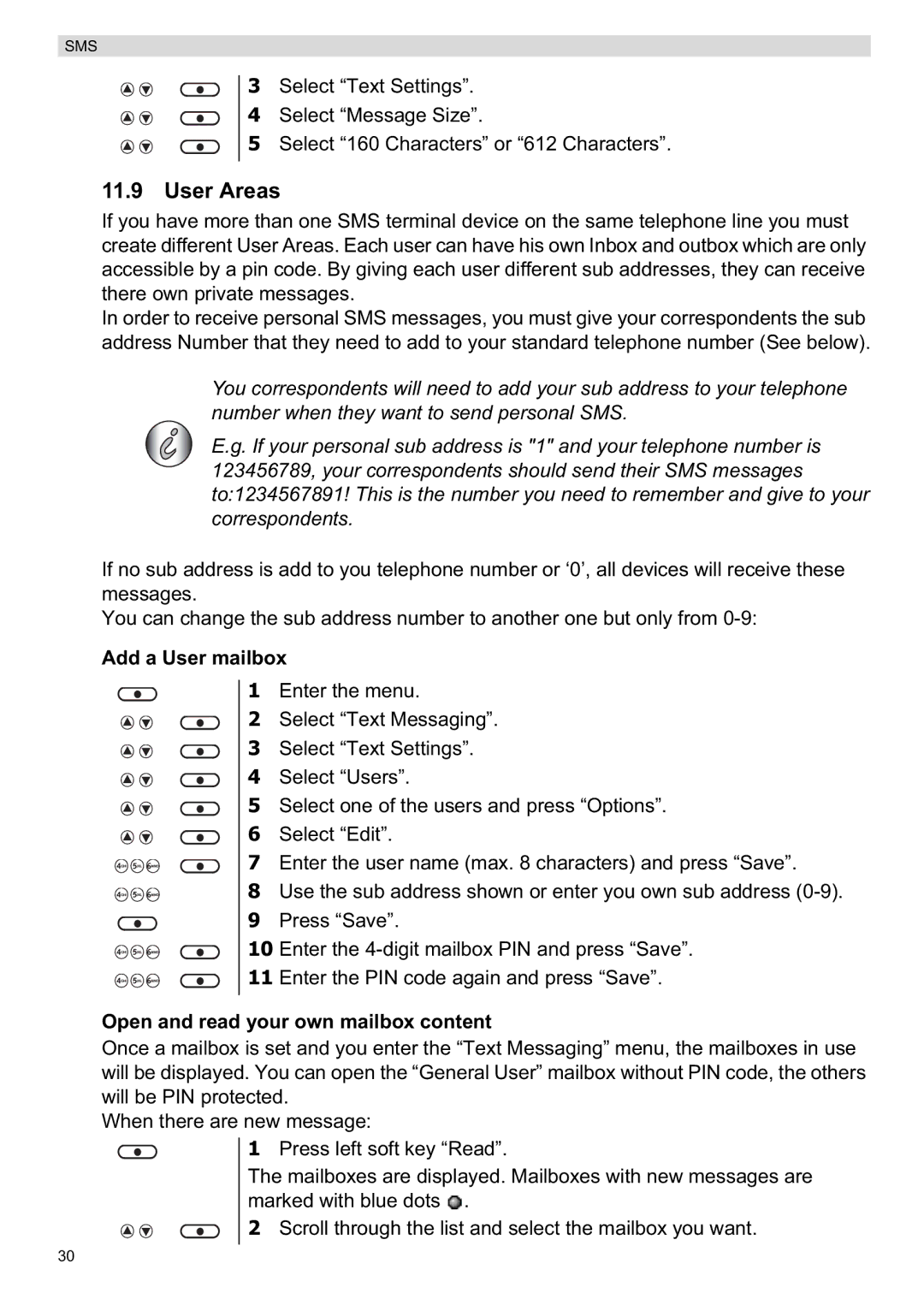 Topcom ORBIT manual User Areas, Add a User mailbox, Open and read your own mailbox content 