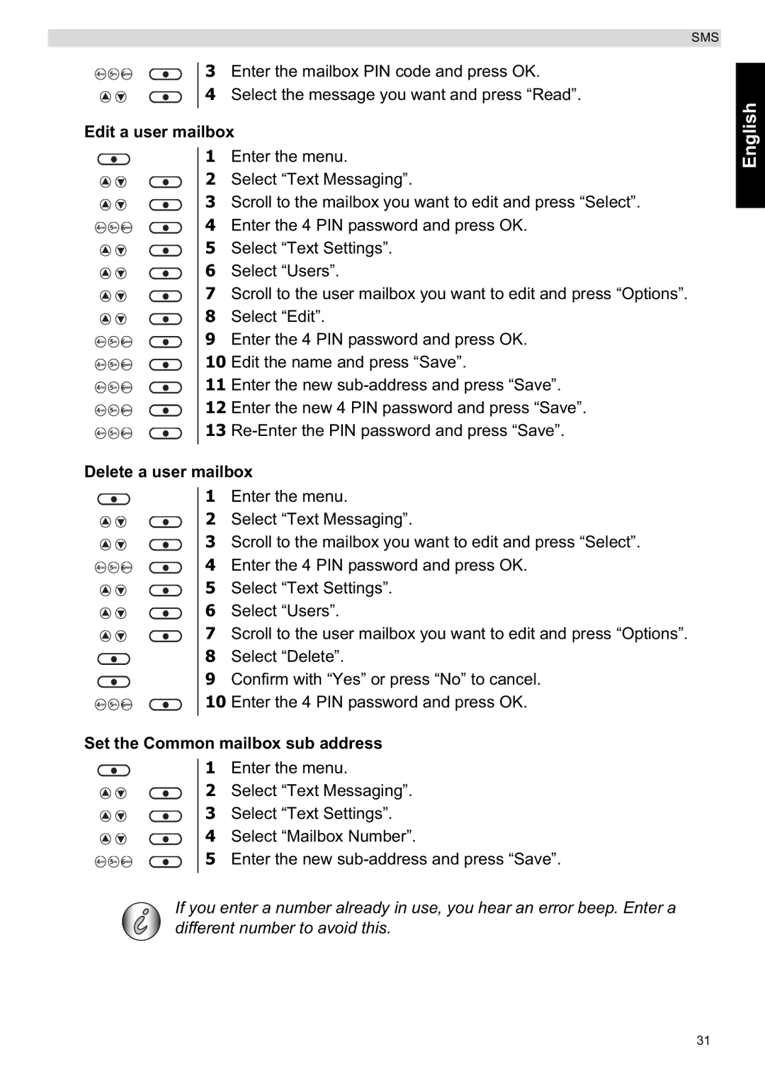 Topcom ORBIT manual Edit a user mailbox, Delete a user mailbox, Set the Common mailbox sub address 