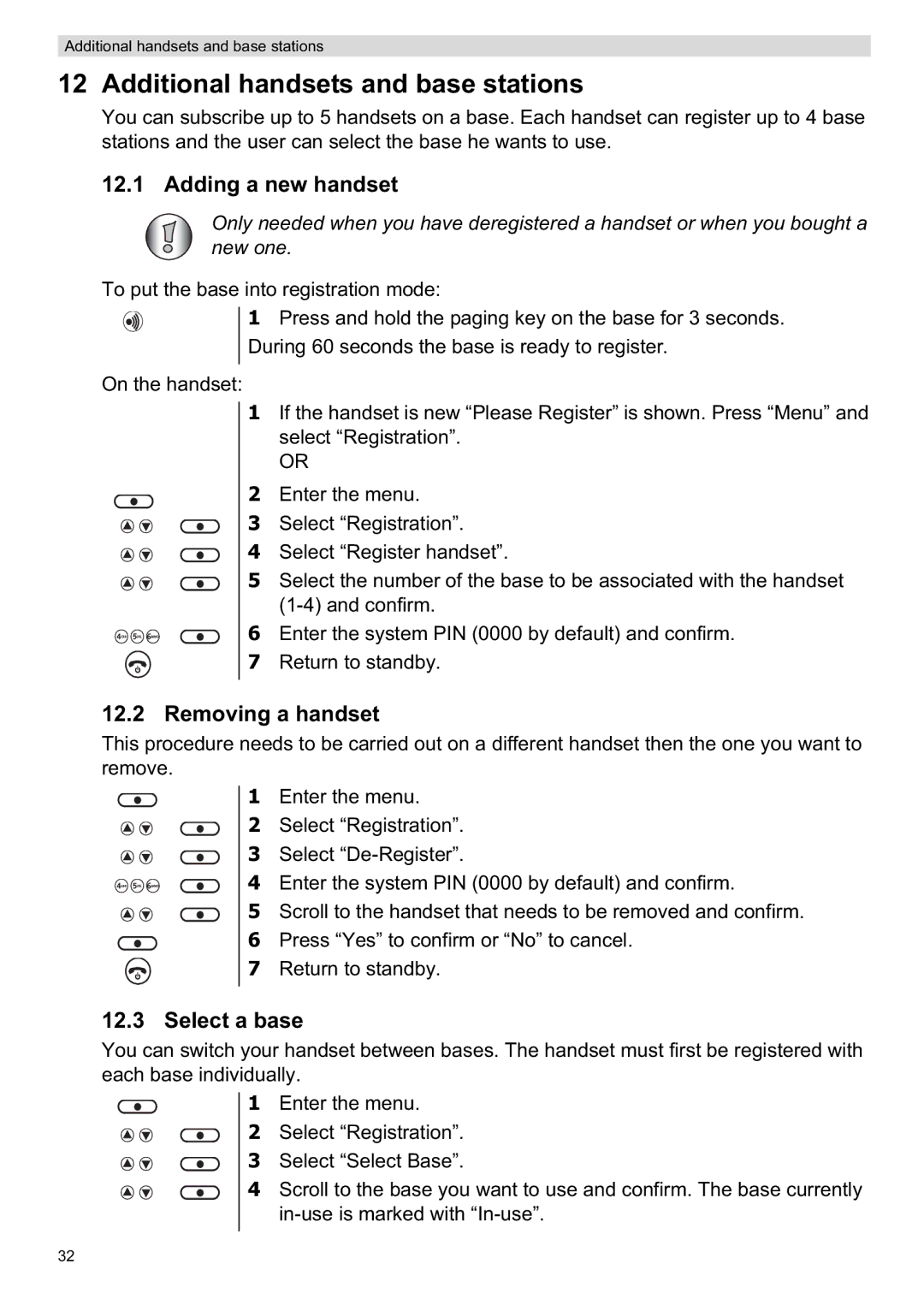 Topcom ORBIT manual Additional handsets and base stations, Adding a new handset, Removing a handset, Select a base 