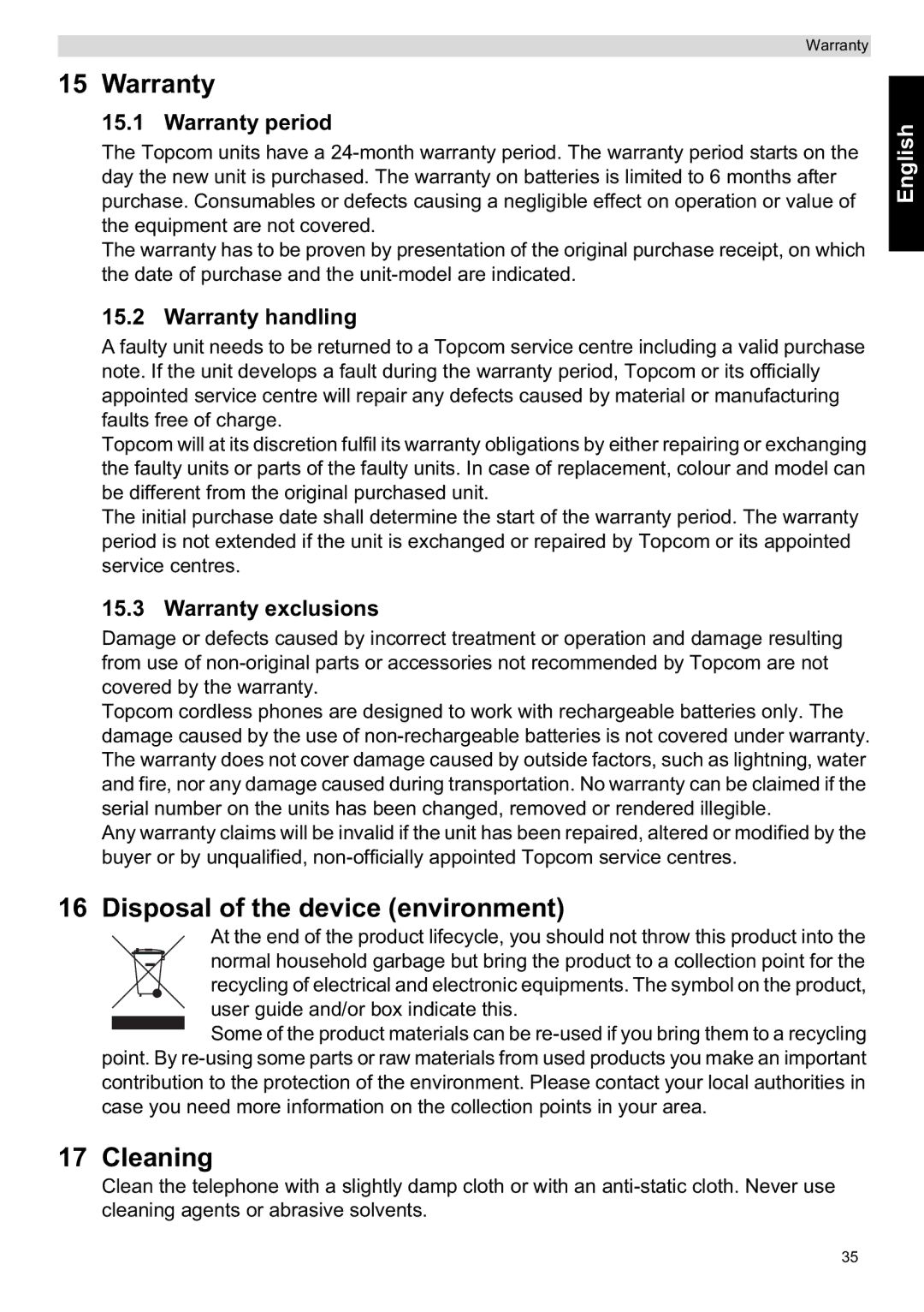 Topcom ORBIT manual Warranty, Disposal of the device environment, Cleaning 