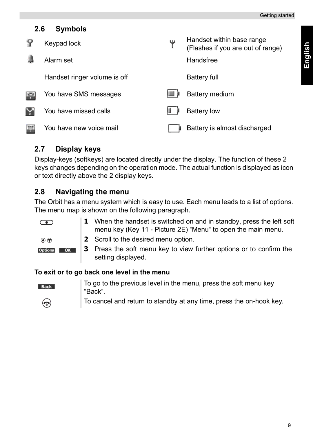 Topcom ORBIT manual Symbols, Display keys, Navigating the menu, To exit or to go back one level in the menu 