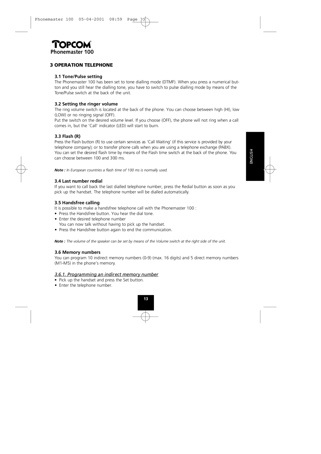 Topcom Phonemaster 100 manual Operation Telephone 