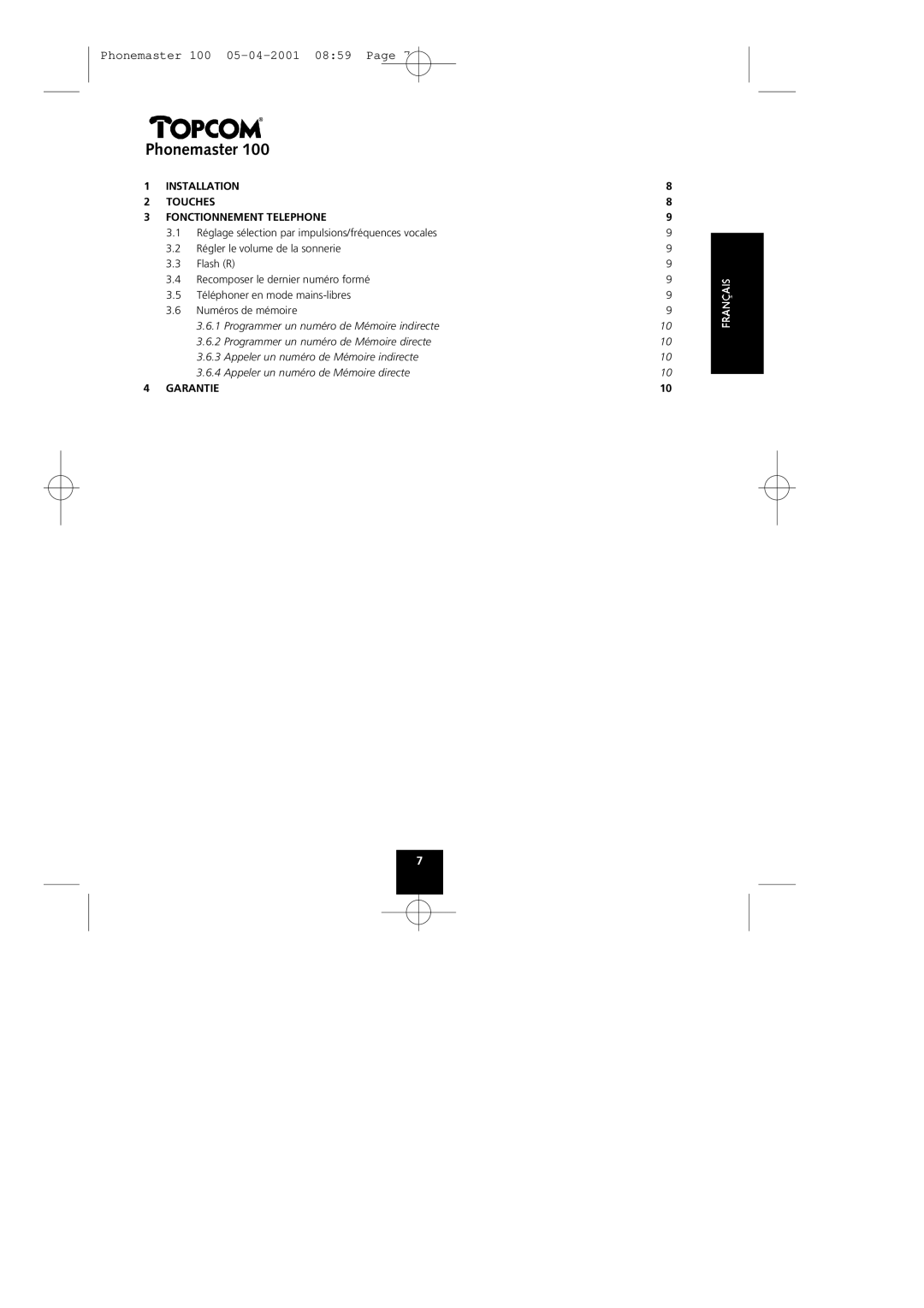 Topcom Phonemaster 100 manual Installation Touches Fonctionnement Telephone, Garantie 