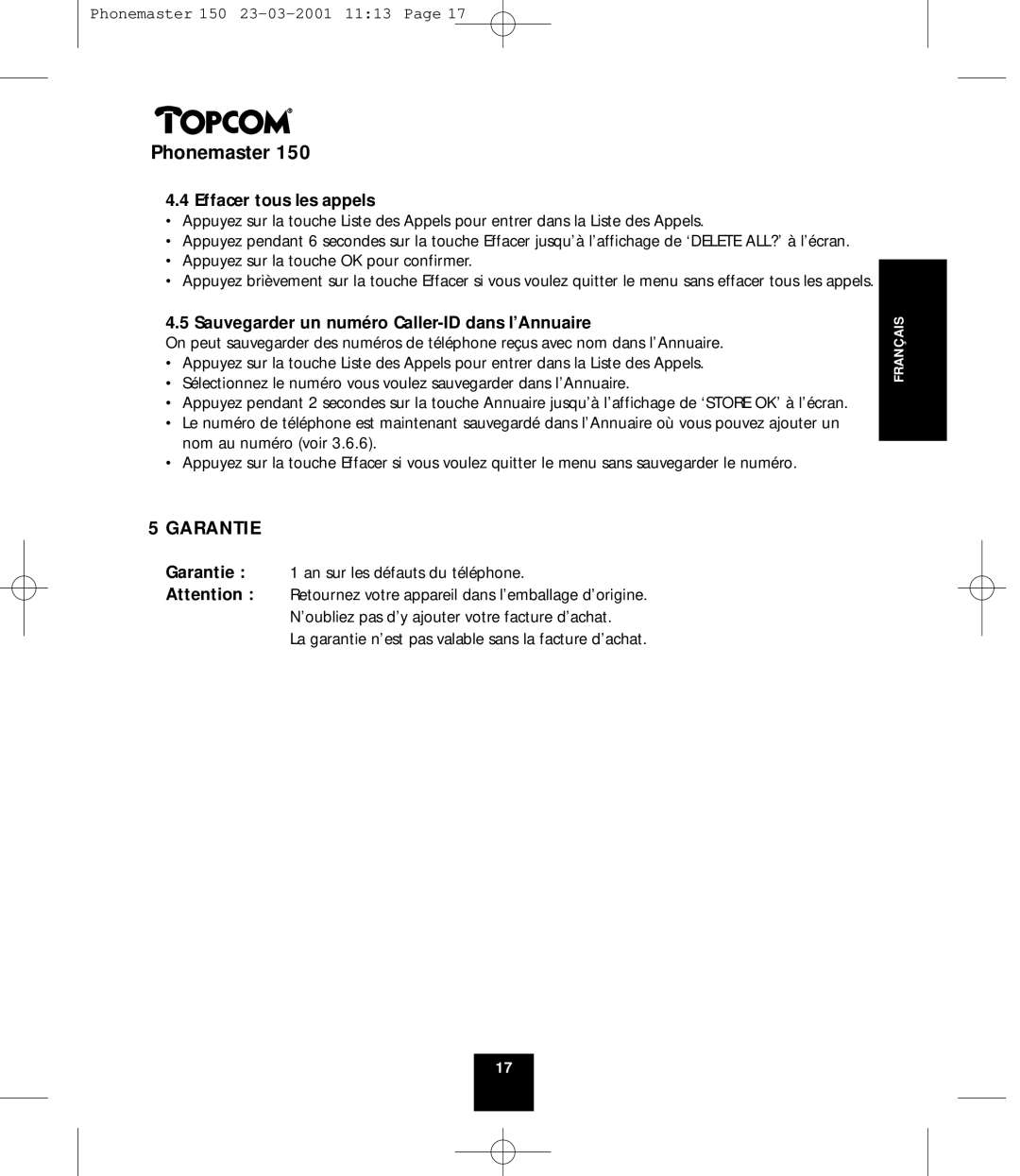 Topcom PHONEMASTER 150 manual Effacer tous les appels, Sauvegarder un numéro Caller-ID dans l’Annuaire 