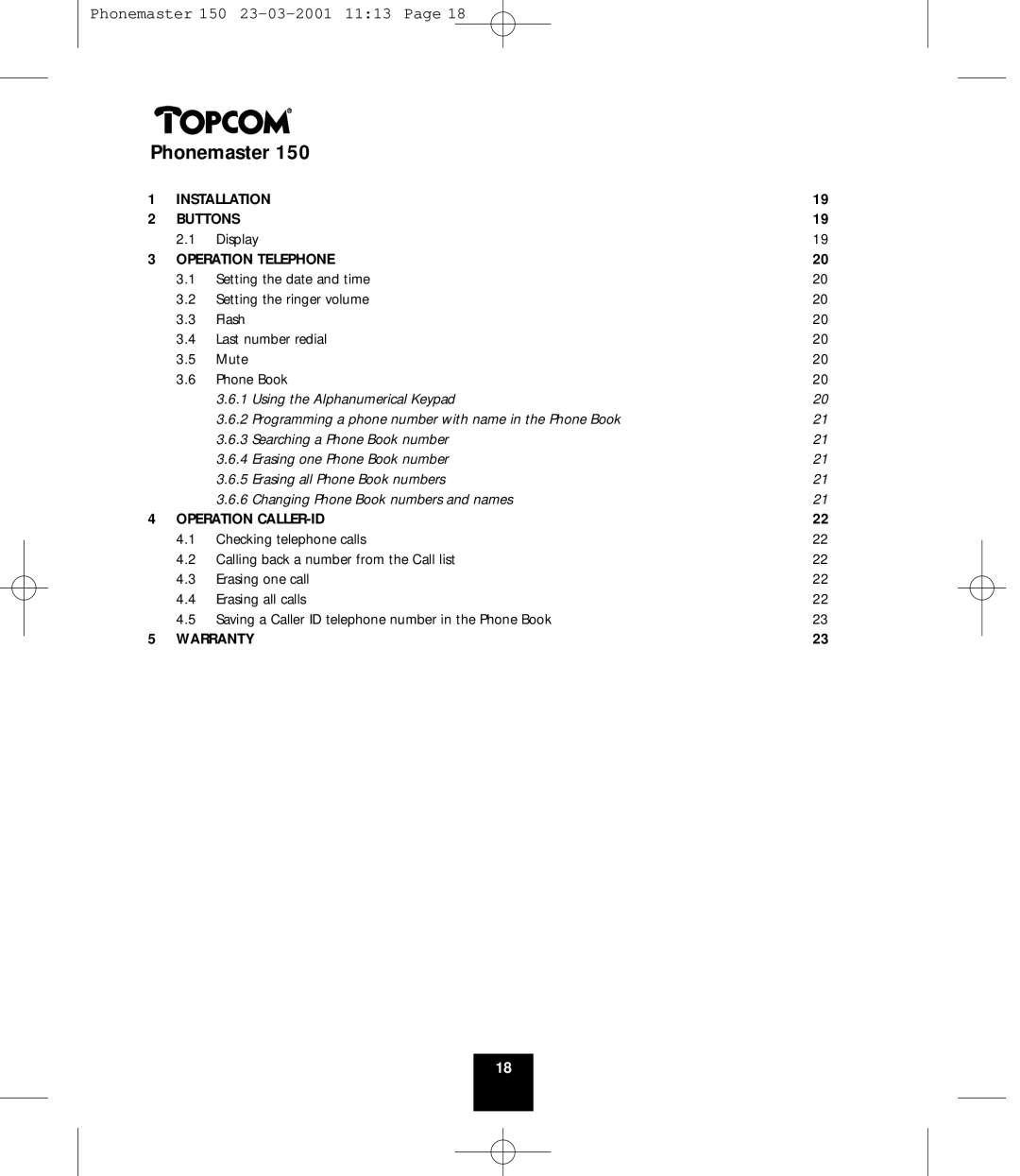 Topcom PHONEMASTER 150 manual Installation Buttons 