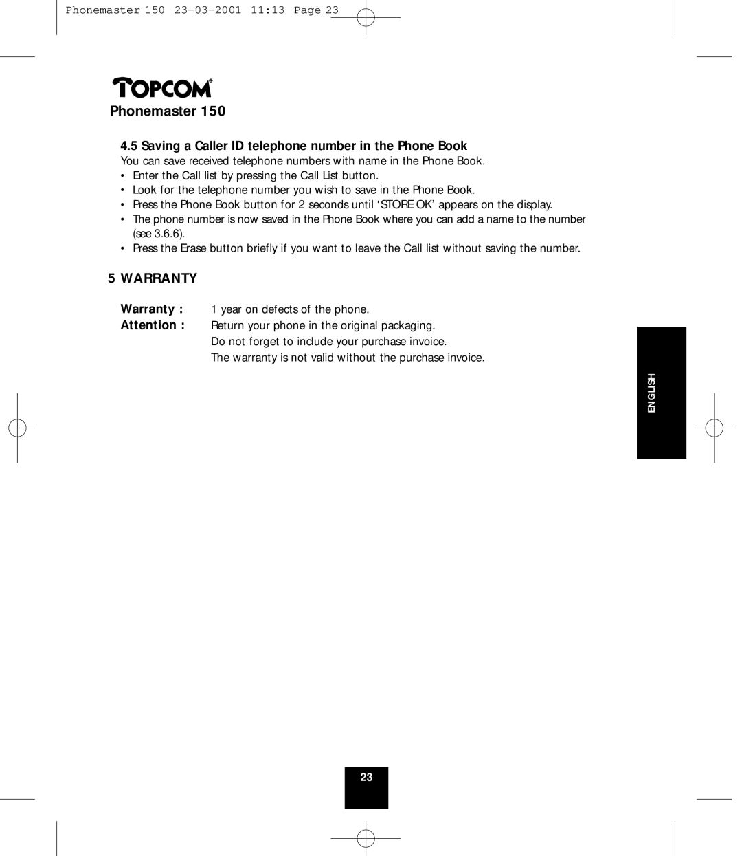 Topcom PHONEMASTER 150 manual Warranty 