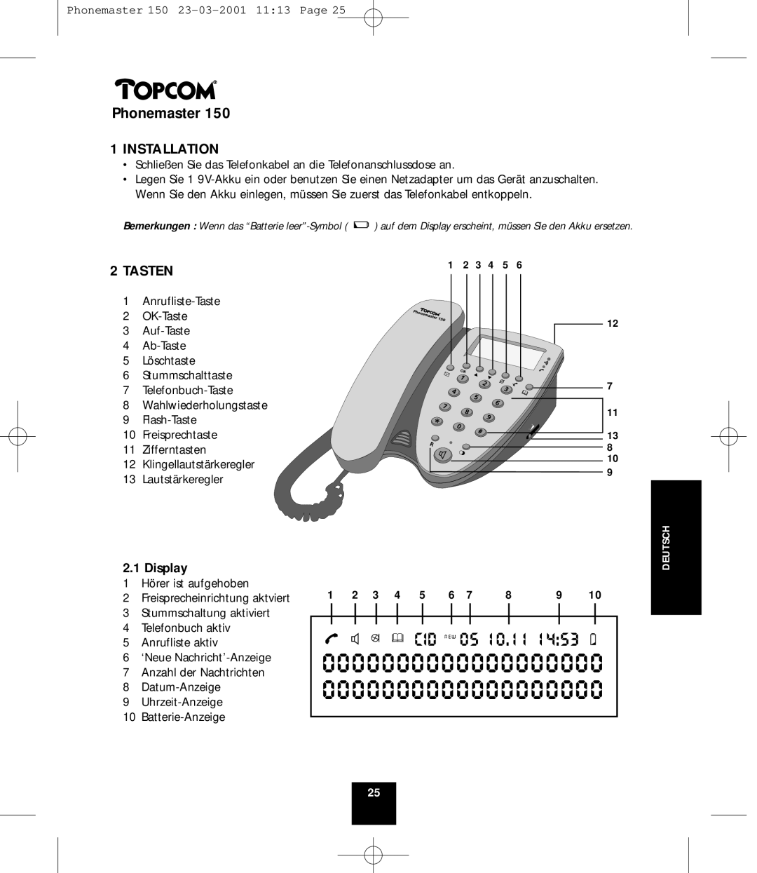 Topcom PHONEMASTER 150 manual 0 0 0 0 0 0 0 0 0 0 0 0 0 0 0 0, Tasten 