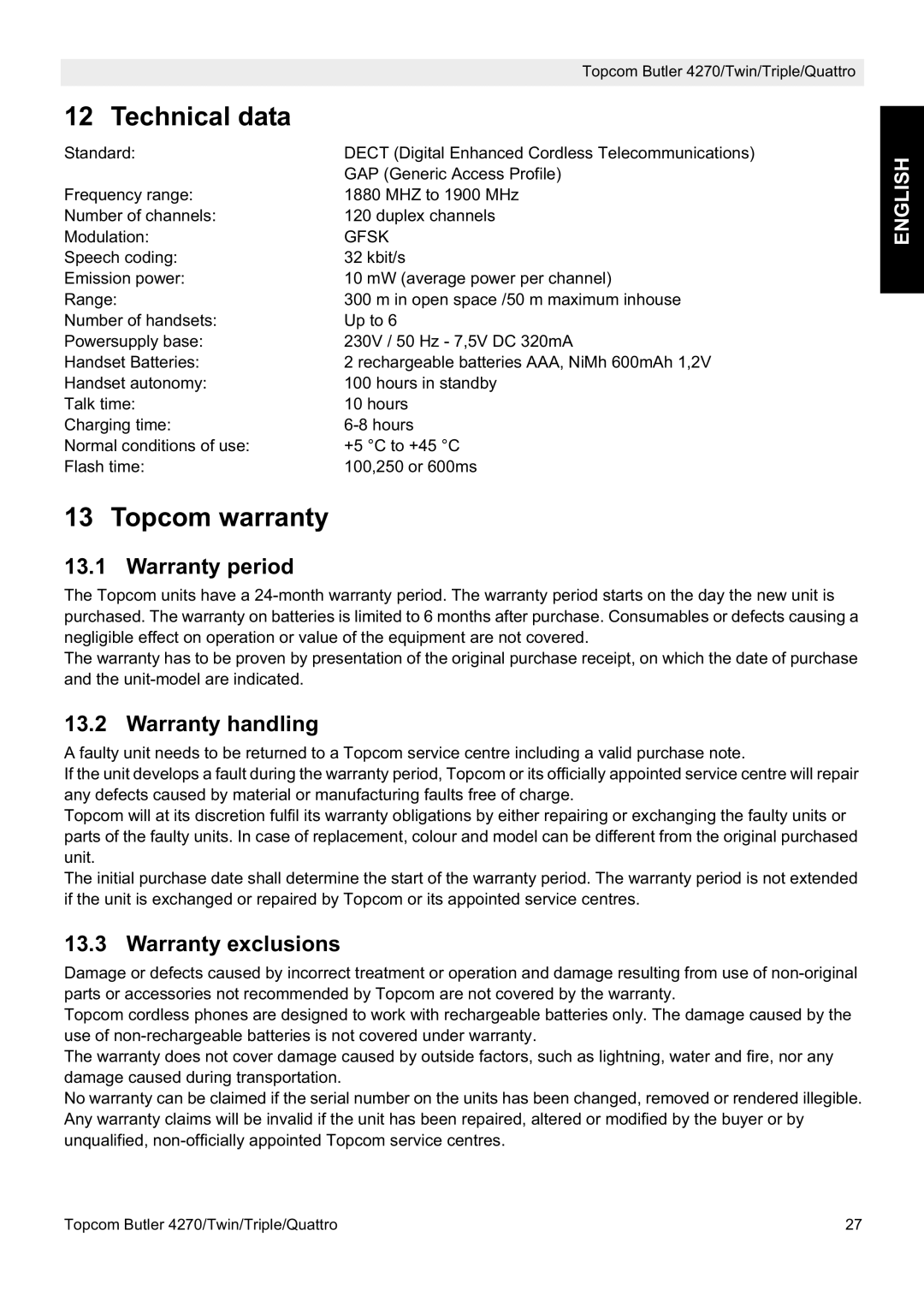 Topcom 4270, Quatro, Twin, Triple Technical data, Topcom warranty, Warranty period, Warranty handling, Warranty exclusions 