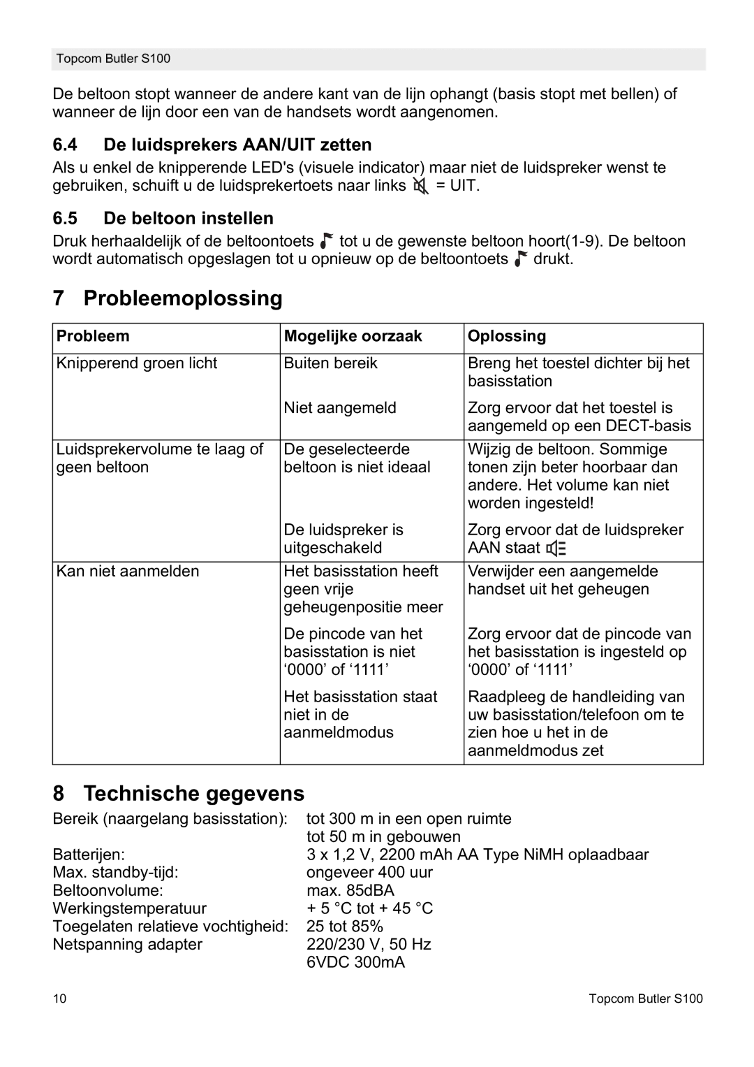 Topcom S100 Probleemoplossing, Technische gegevens, De luidsprekers AAN/UIT zetten, De beltoon instellen 