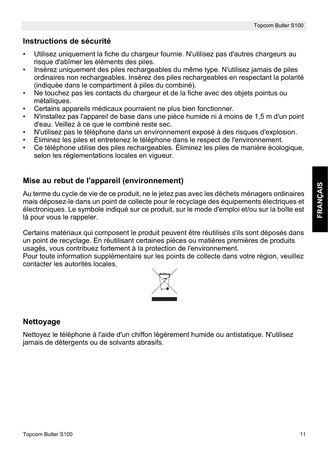 Topcom S100 manual do utilizador Instructions de sécurité, Mise au rebut de lappareil environnement, Nettoyage 