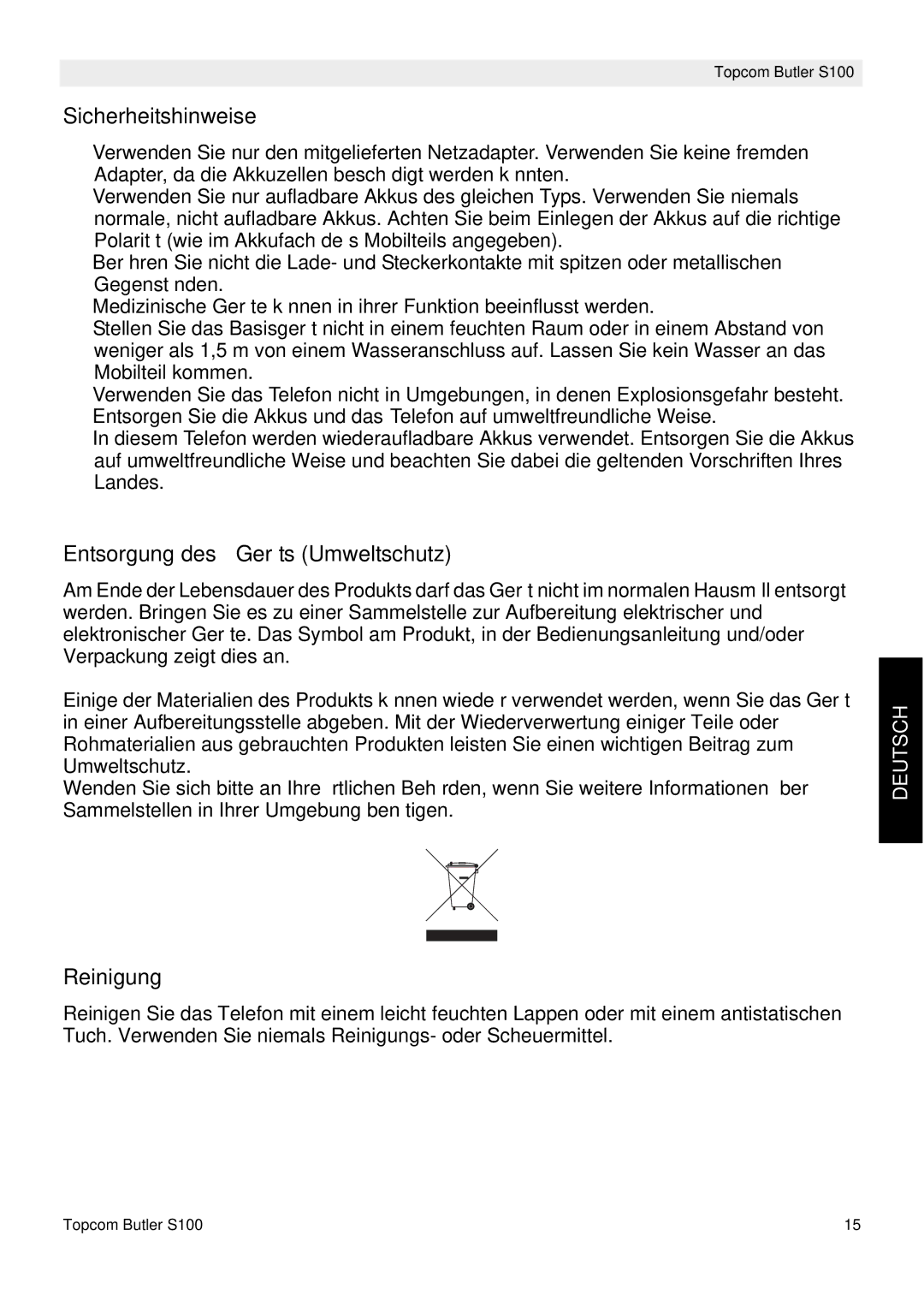 Topcom S100 manual do utilizador Sicherheitshinweise, Entsorgung des Geräts Umweltschutz, Reinigung 