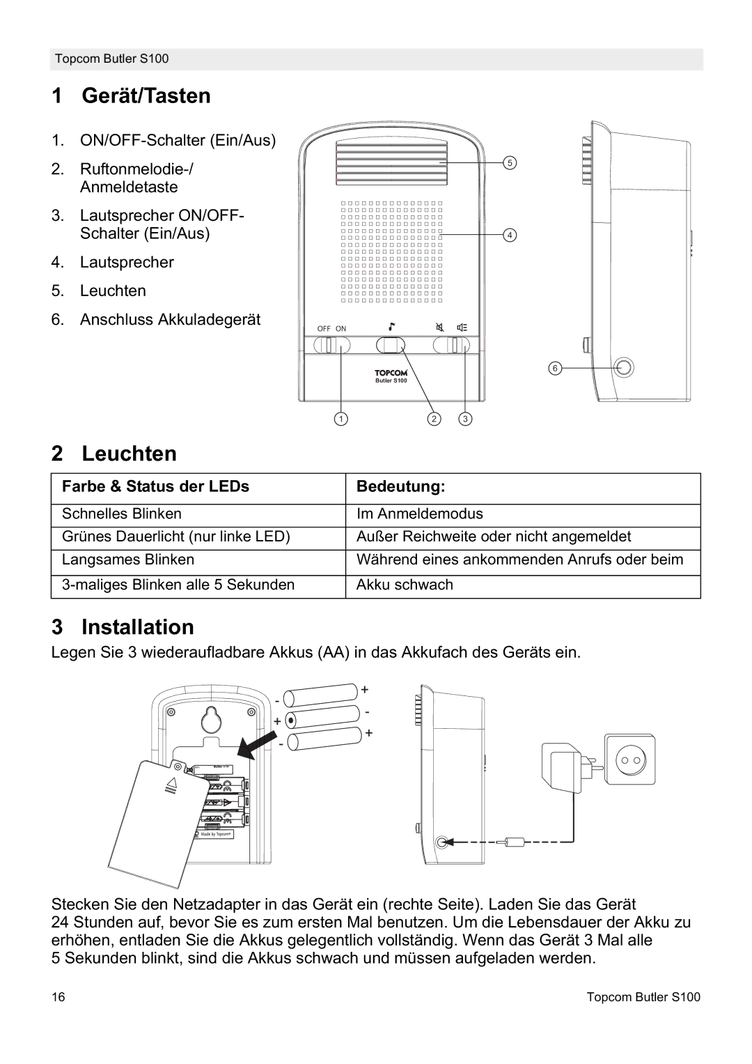 Topcom S100 manual do utilizador Gerät/Tasten, Leuchten, Farbe & Status der LEDs Bedeutung 