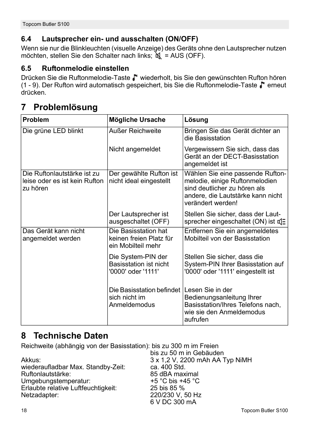 Topcom S100 manual do utilizador Problemlösung, Lautsprecher ein- und ausschalten ON/OFF, Ruftonmelodie einstellen 