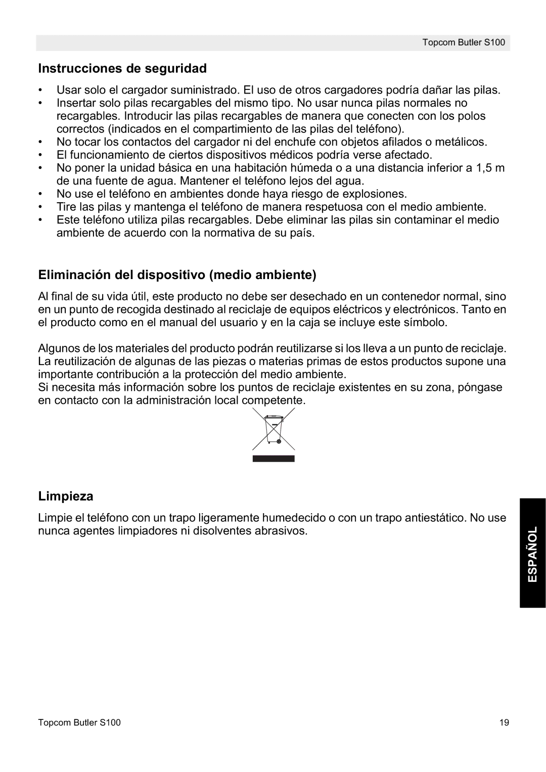 Topcom S100 manual do utilizador Instrucciones de seguridad, Eliminación del dispositivo medio ambiente, Limpieza 