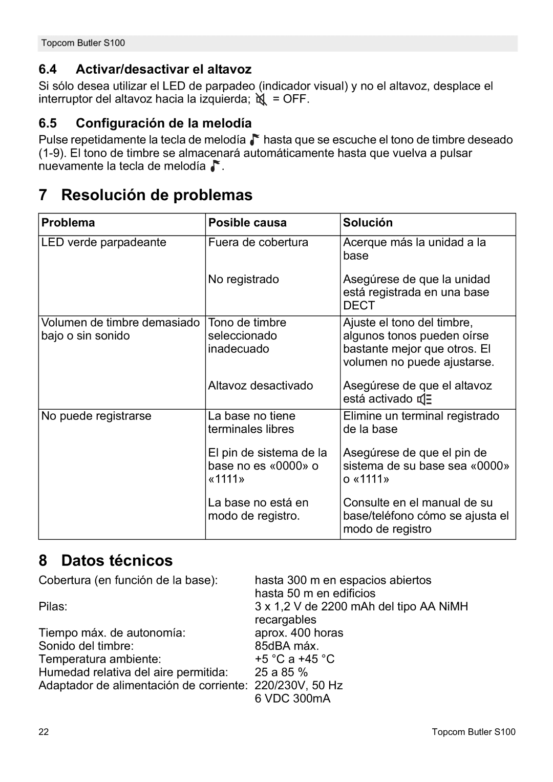 Topcom S100 Resolución de problemas, Datos técnicos, Activar/desactivar el altavoz, Configuración de la melodía 