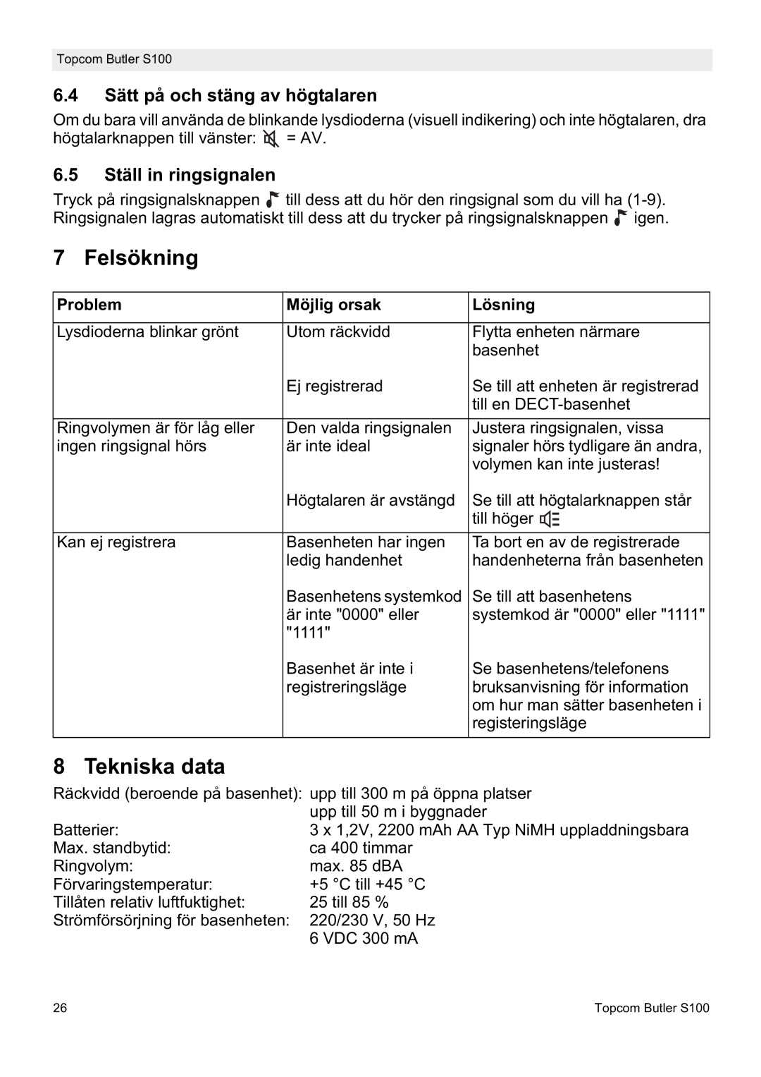 Topcom S100 manual do utilizador Felsökning, Tekniska data, Sätt på och stäng av högtalaren, Ställ in ringsignalen 