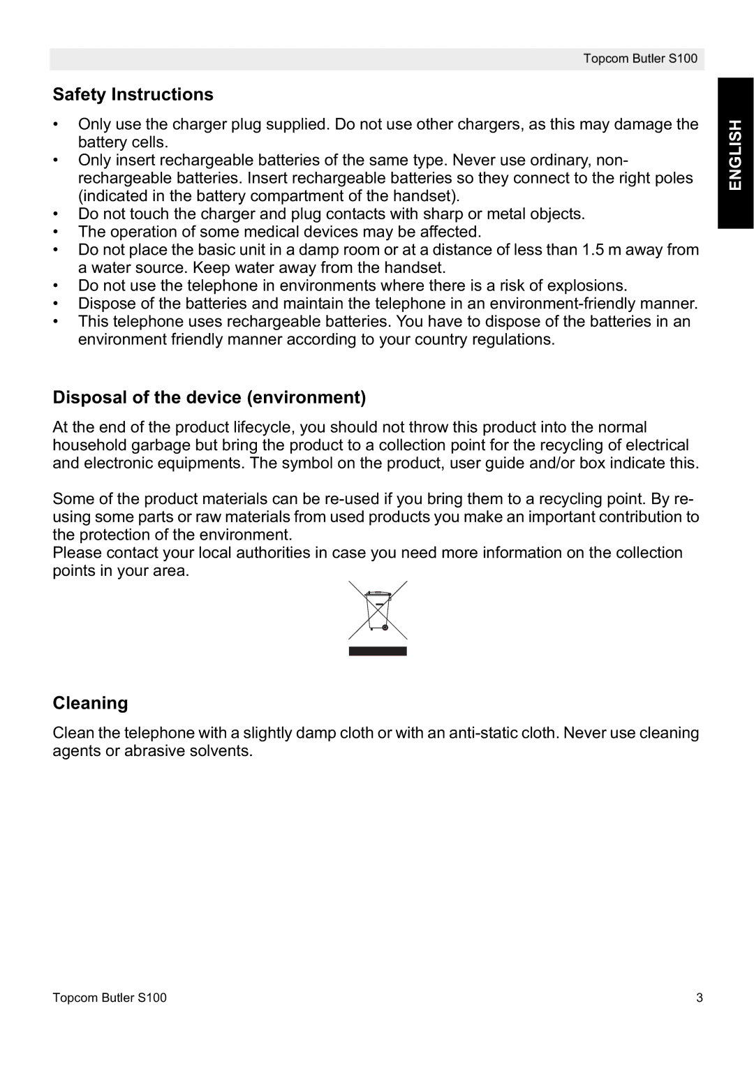 Topcom S100 manual do utilizador Safety Instructions, Disposal of the device environment, Cleaning 