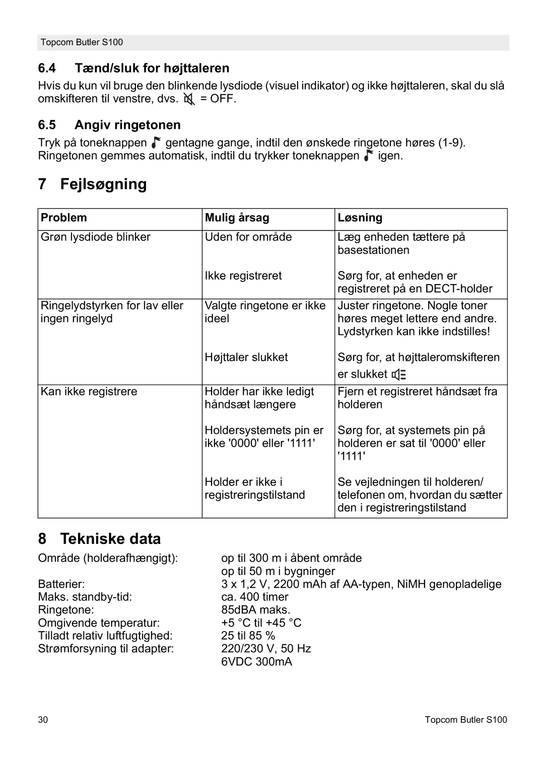 Topcom S100 Fejlsøgning, Tekniske data, Tænd/sluk for højttaleren, Angiv ringetonen, Problem Mulig årsag Løsning 