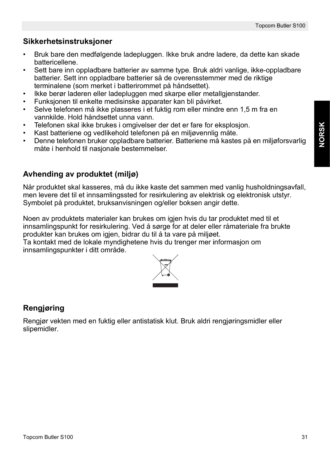 Topcom S100 manual do utilizador Sikkerhetsinstruksjoner, Avhending av produktet miljø, Rengjøring 