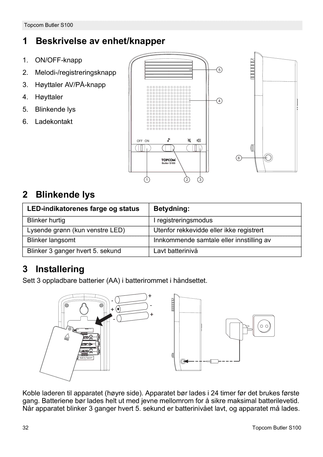 Topcom S100 Beskrivelse av enhet/knapper, Blinkende lys, Installering, LED-indikatorenes farge og status Betydning 