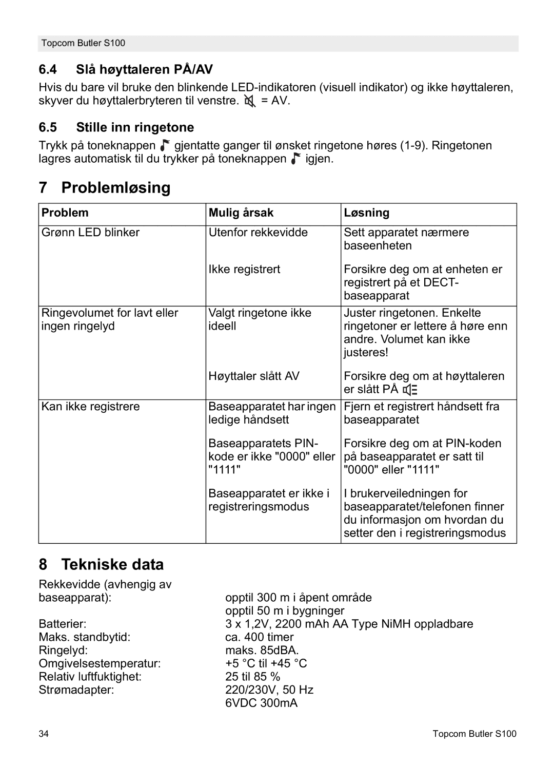 Topcom S100 manual do utilizador Problemløsing, Slå høyttaleren PÅ/AV, Stille inn ringetone, Problem Mulig årsak Løsning 