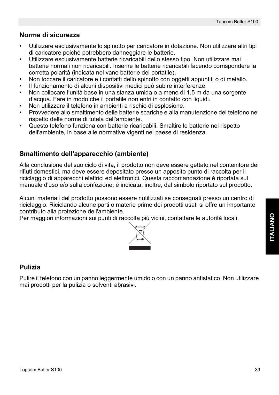Topcom S100 manual do utilizador Norme di sicurezza, Smaltimento dellapparecchio ambiente, Pulizia 